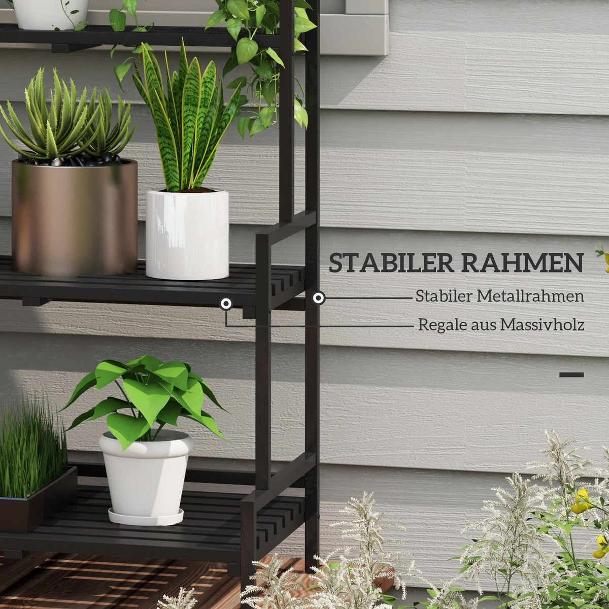 Plant stand flower stand with 3 levels and 6 hooks, plant stairs made of steel in black, 110x50x170cm for garden and balcony