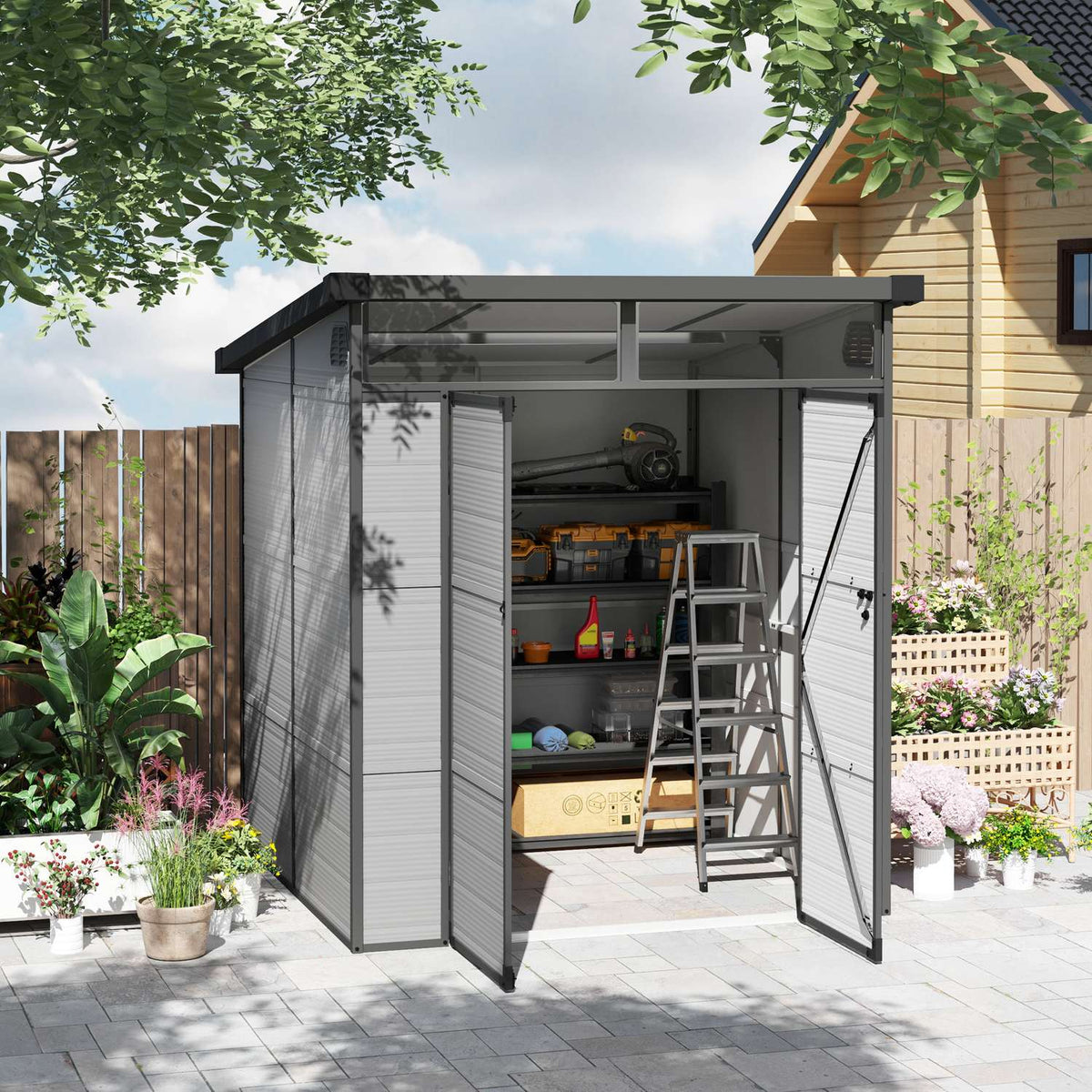Plastic Tool Shed 3.24m³ 190x191x215cm Tool Shed with Pent Roof, Lockable Door, Weatherproof Garden Shed, Outdoor Garden Shed Cabinet for Backyard, Outdoor Area, Light Gray