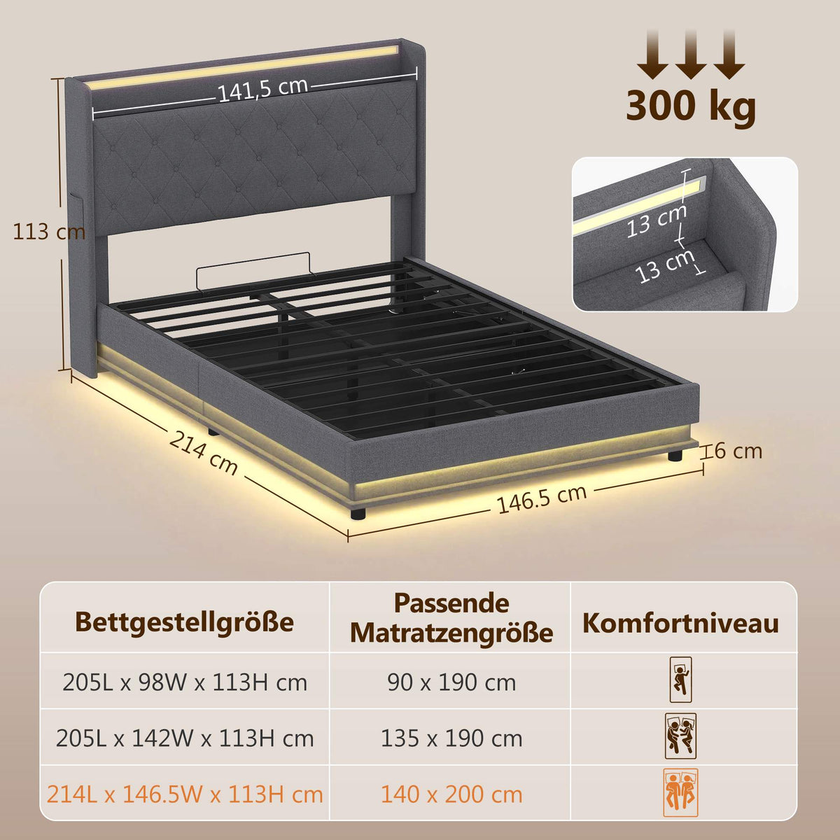 Platform Bed Frame 140x200 cm with Storage & LED Lights