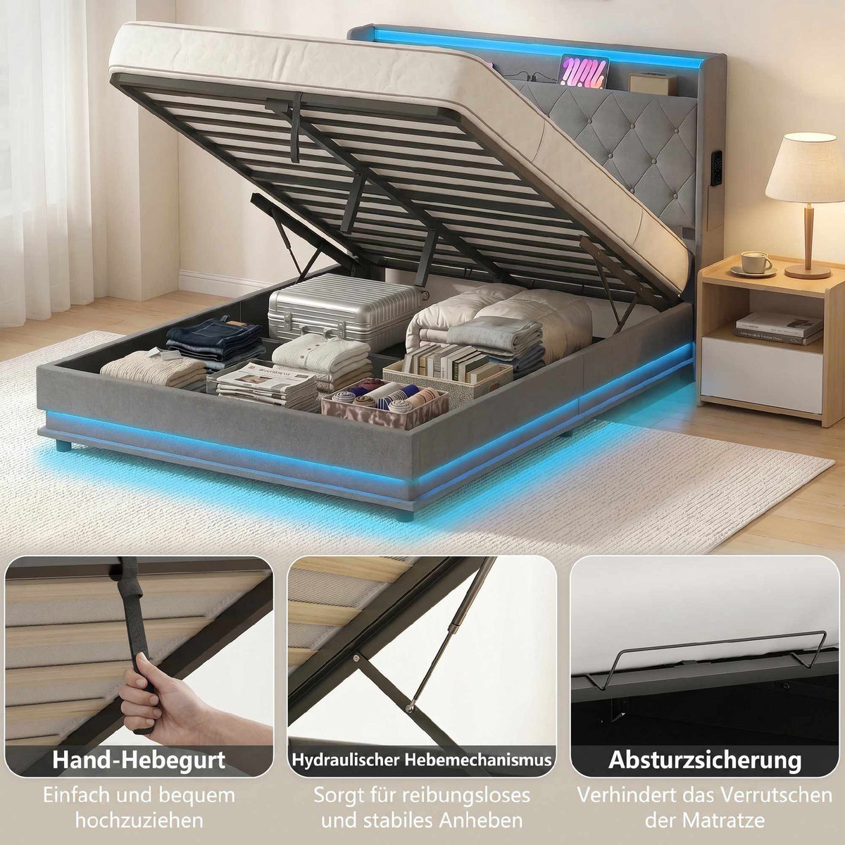 Platform Bed Frame 140x200 cm with Storage & LED Lights