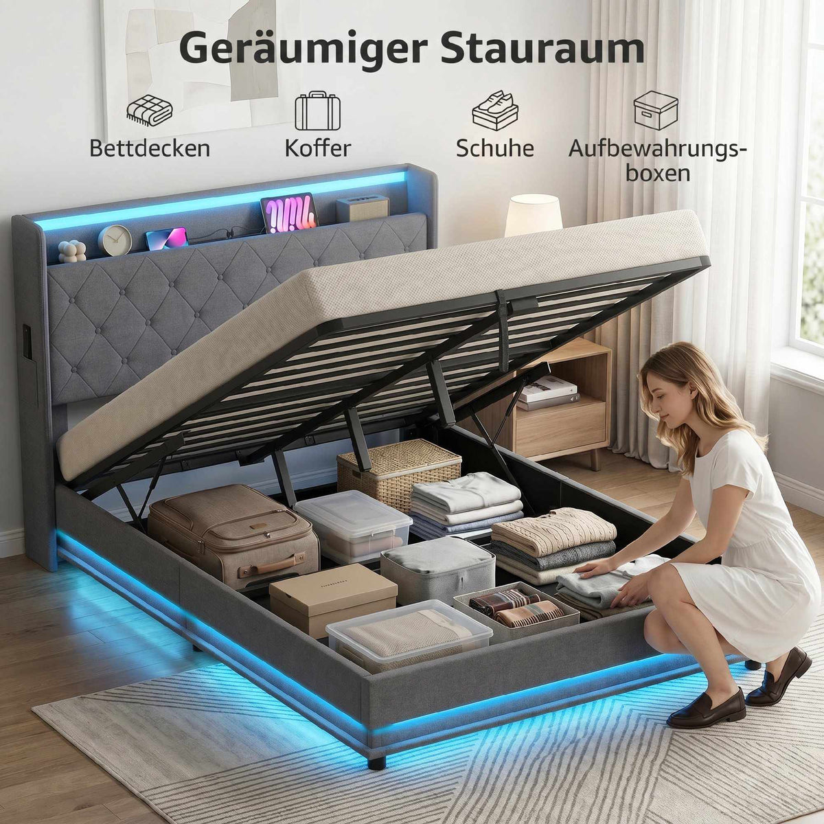 Platform Bed Frame 140x200 cm with Storage & LED Lights