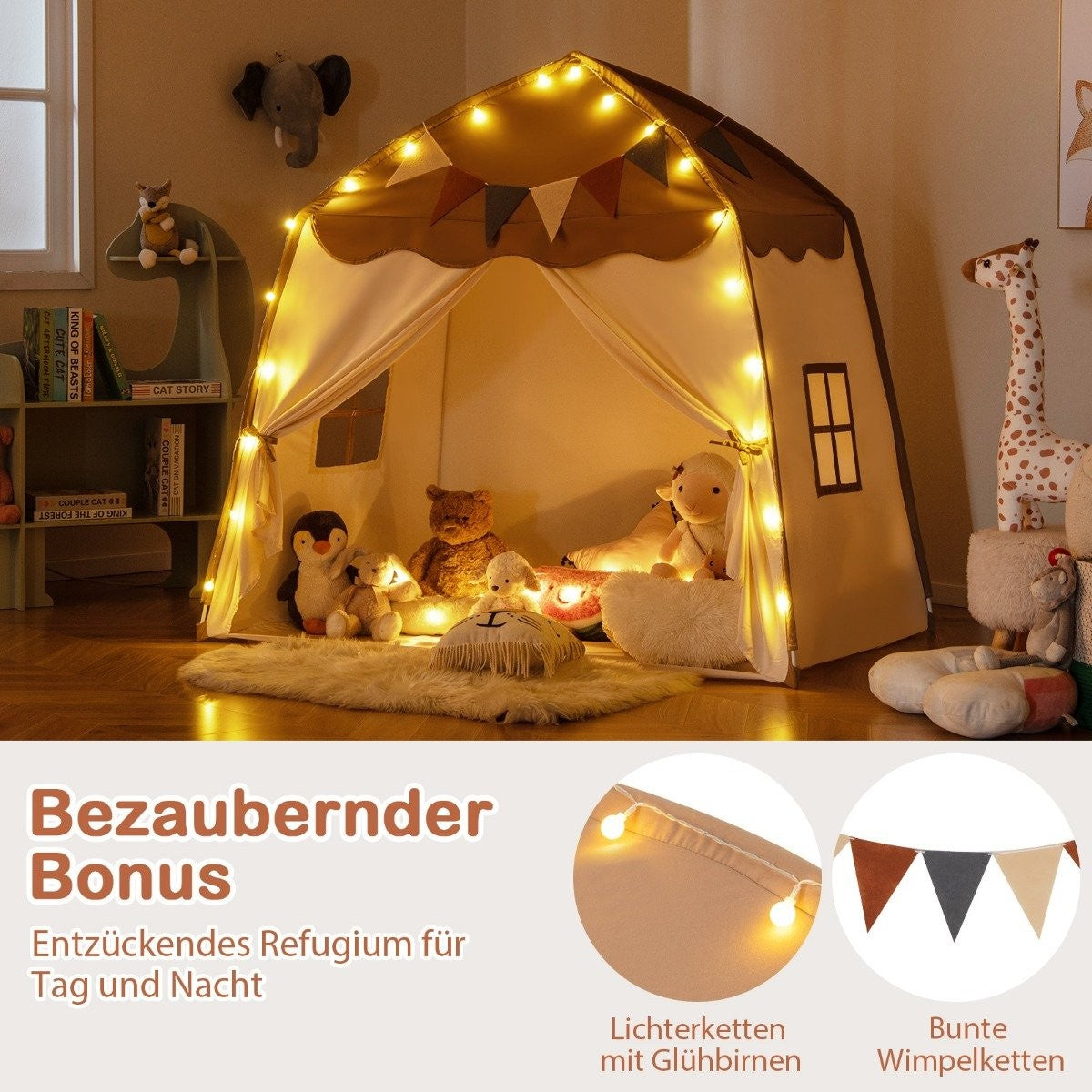 Playhouse Children's Indoor Children's Tent with Flags and Fairy Lights Princess Play Tent Coffee