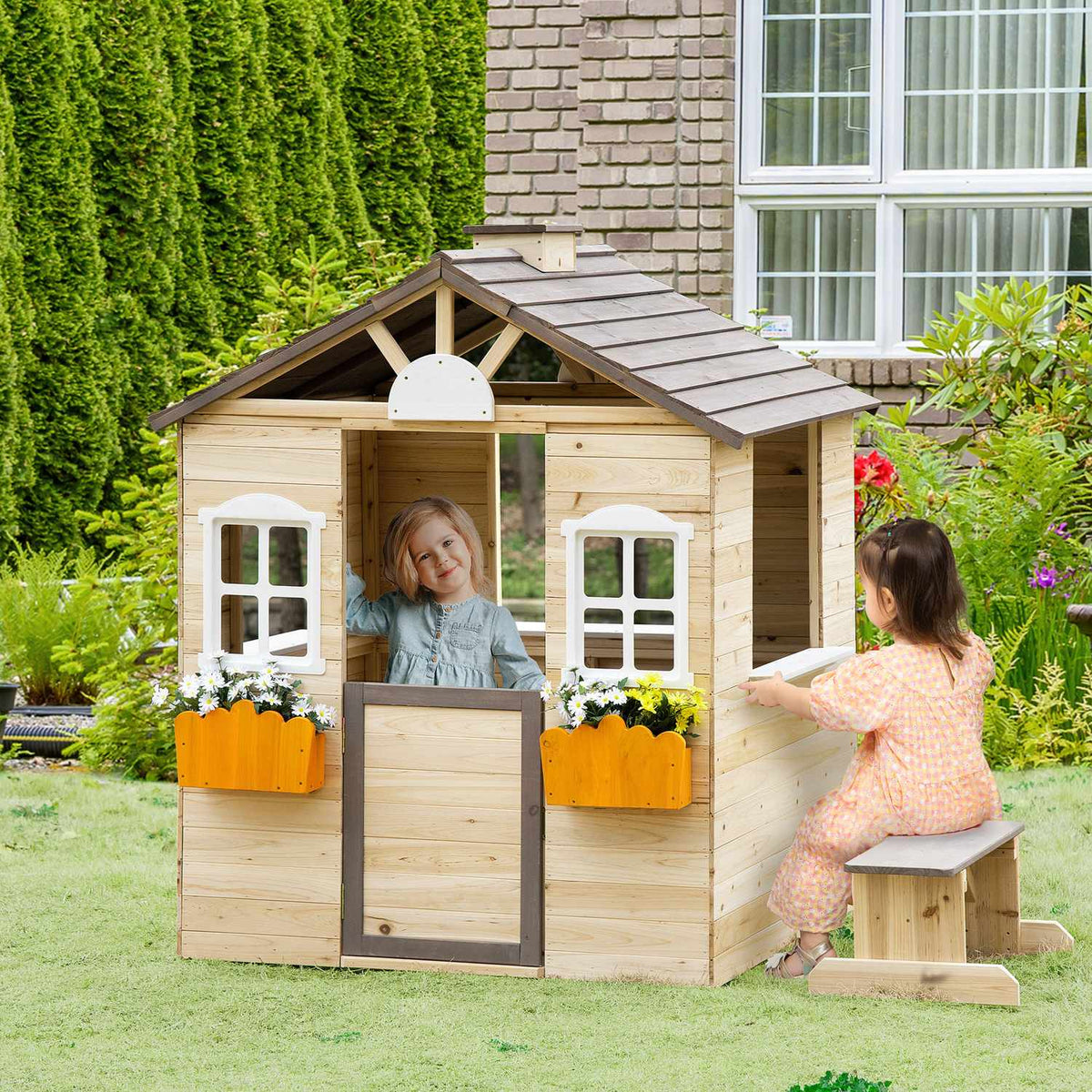 Playhouse For Children Wooden Children'S Playhouse With Window Mailbox Outdoor Garden Playhouse With Flower Pot Rack Wooden Playhouse For 3-7 Years