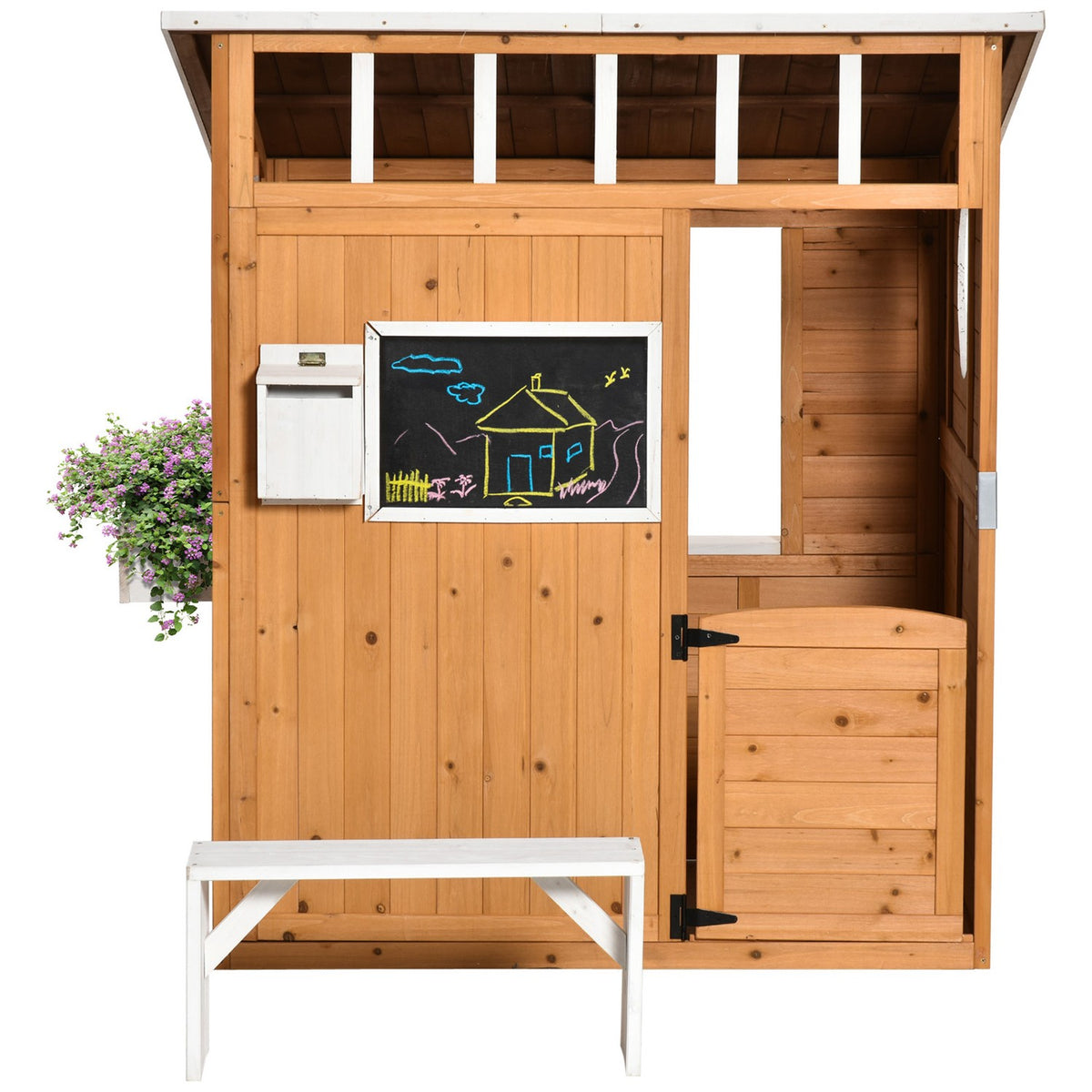 Playhouse for Children Wooden Children's Playhouse with Window Mailbox Outdoor Garden Playhouse with Flower Pot Rack Wooden Playhouse for 3-8 Years Natural Fir Wood 122 x 108 x 135.5 cm