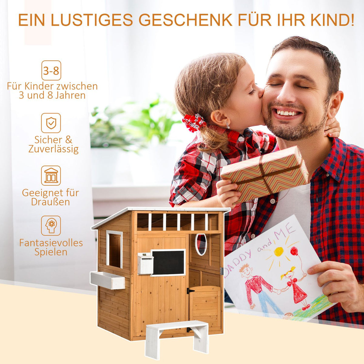 Playhouse for Children Wooden Children's Playhouse with Window Mailbox Outdoor Garden Playhouse with Flower Pot Rack Wooden Playhouse for 3-8 Years Natural Fir Wood 122 x 108 x 135.5 cm