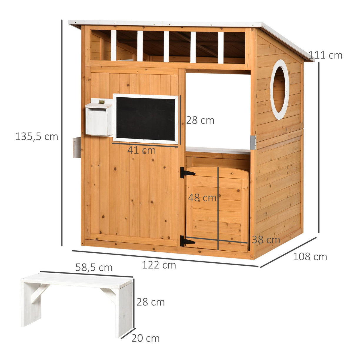 Playhouse for Children Wooden Children's Playhouse with Window Mailbox Outdoor Garden Playhouse with Flower Pot Rack Wooden Playhouse for 3-8 Years Natural Fir Wood 122 x 108 x 135.5 cm