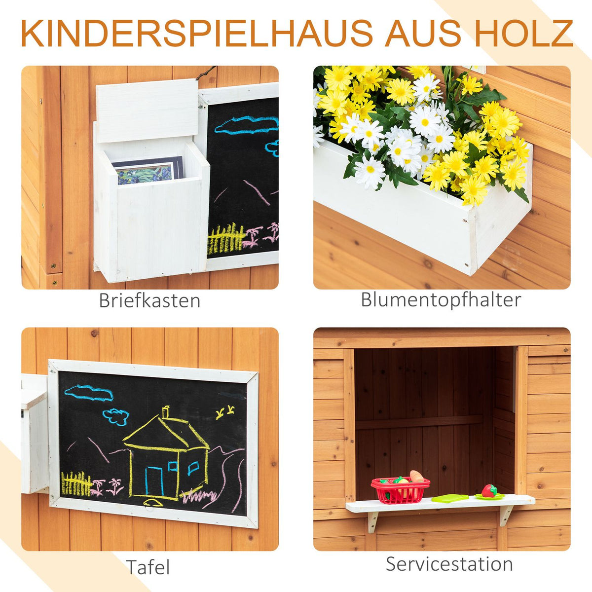 Playhouse for Children Wooden Children's Playhouse with Window Mailbox Outdoor Garden Playhouse with Flower Pot Rack Wooden Playhouse for 3-8 Years Natural Fir Wood 122 x 108 x 135.5 cm