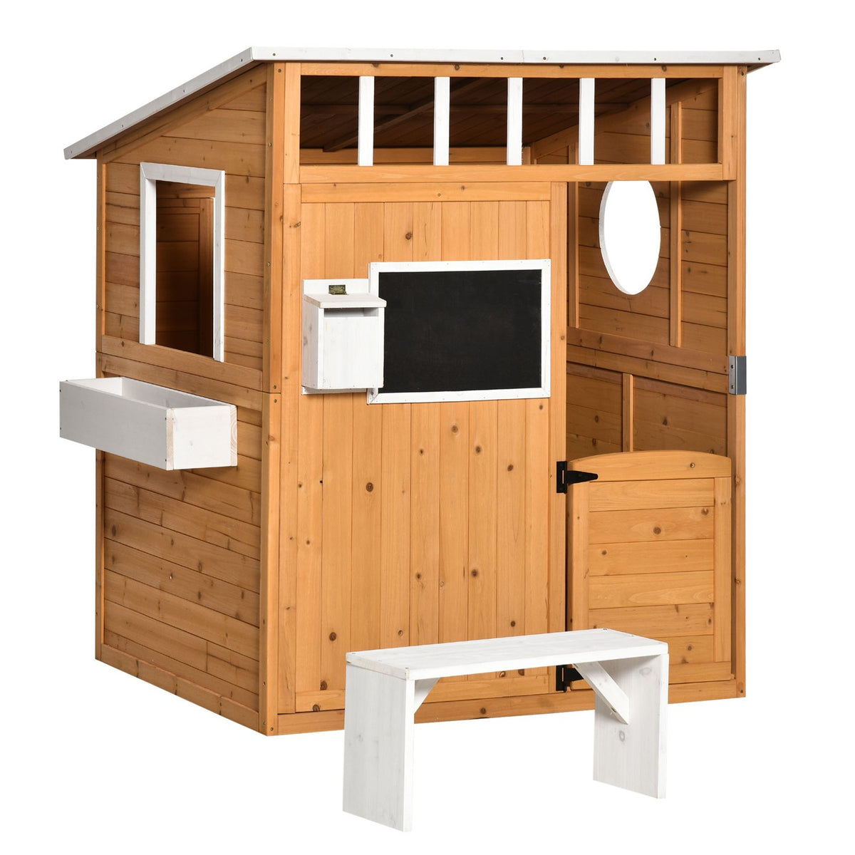 Playhouse for Children Wooden Children's Playhouse with Window Mailbox Outdoor Garden Playhouse with Flower Pot Rack Wooden Playhouse for 3-8 Years Natural Fir Wood 122 x 108 x 135.5 cm
