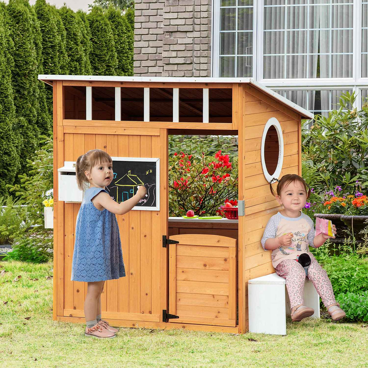 Playhouse for Children Wooden Children's Playhouse with Window Mailbox Outdoor Garden Playhouse with Flower Pot Rack Wooden Playhouse for 3-8 Years Natural Fir Wood 122 x 108 x 135.5 cm