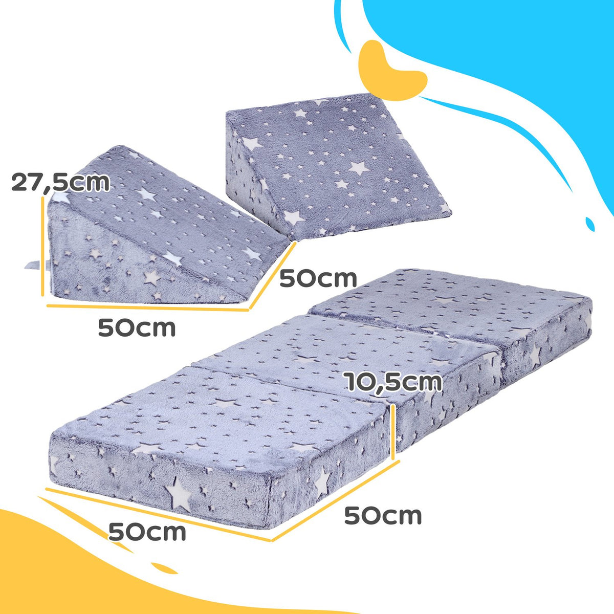 Play sofa for children Children's sofa made of foam with reclining function, 5 pieces. Children's couch in the dark, glowing velvet look, for 2-3 children, grey