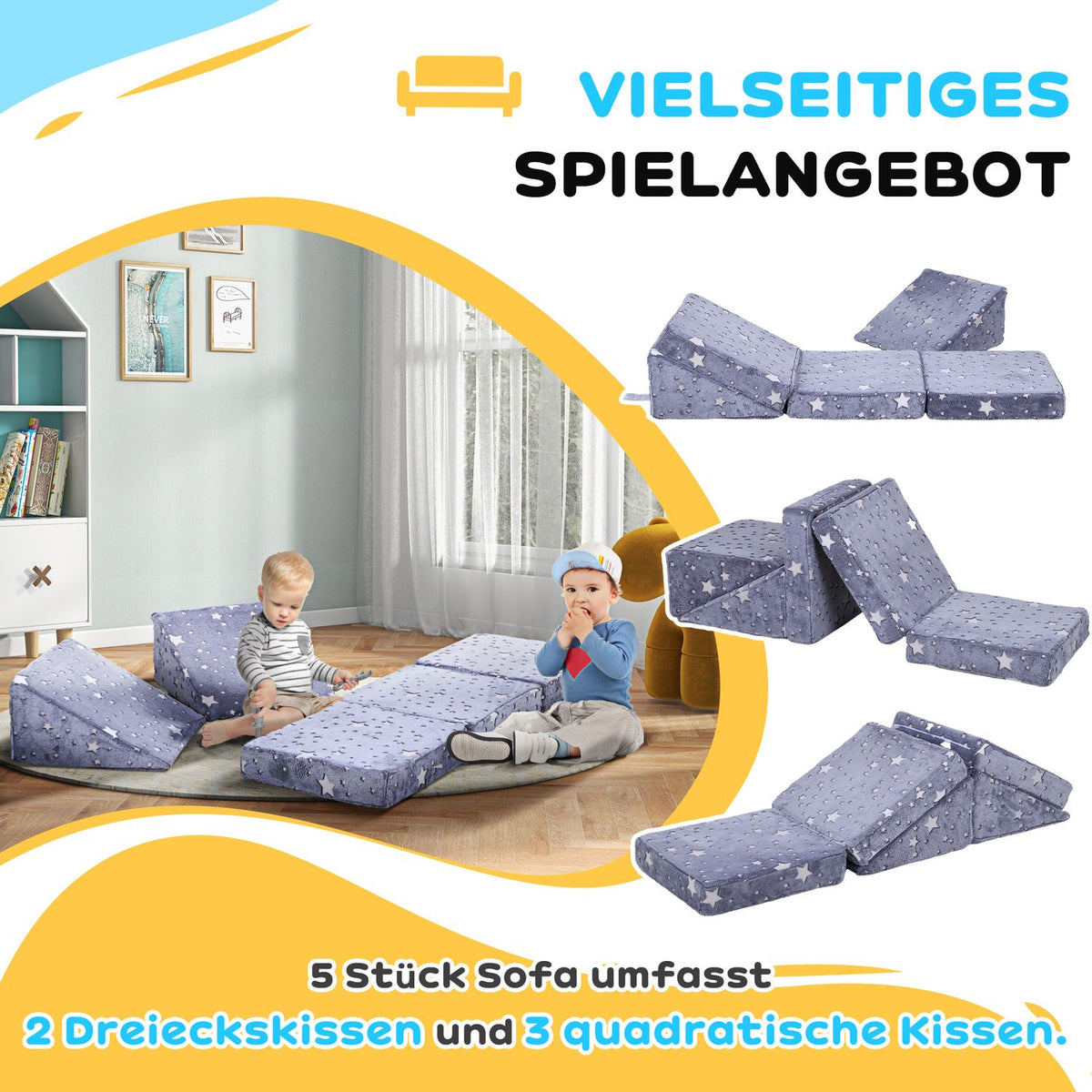 Play sofa for children Children's sofa made of foam with reclining function, 5 pieces. Children's couch in the dark, glowing velvet look, for 2-3 children, grey