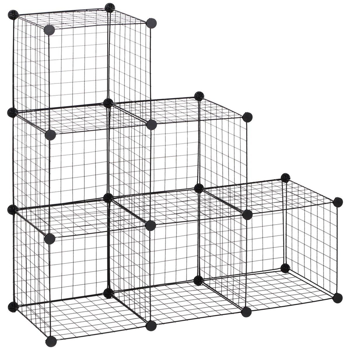 Plug-in shelf, shelving system with 6 compartments, DIY cube shelf made of wire mesh, step shelf for living room, bedroom, black, 109 x 37 x 109 cm