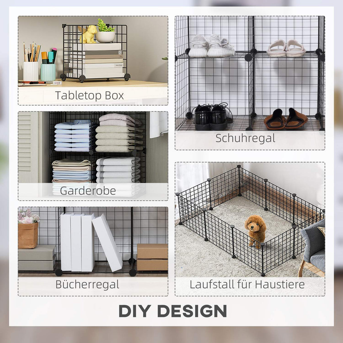 Plug-in shelf, shelving system with 6 compartments, DIY cube shelf made of wire mesh, step shelf for living room, bedroom, black, 109 x 37 x 109 cm