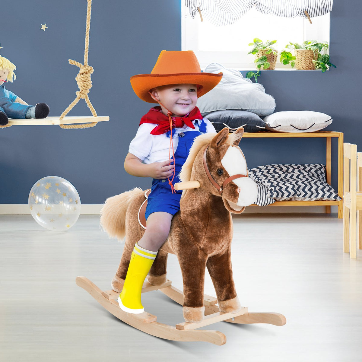 Plush Rocking Horse Brown Rocking Animal Toy Children L74Xw33Xh62Cm