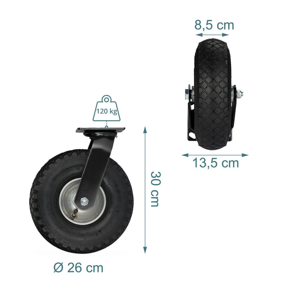 Pneumatic Castor Set for Transport Trolleys, Steel & Rubber