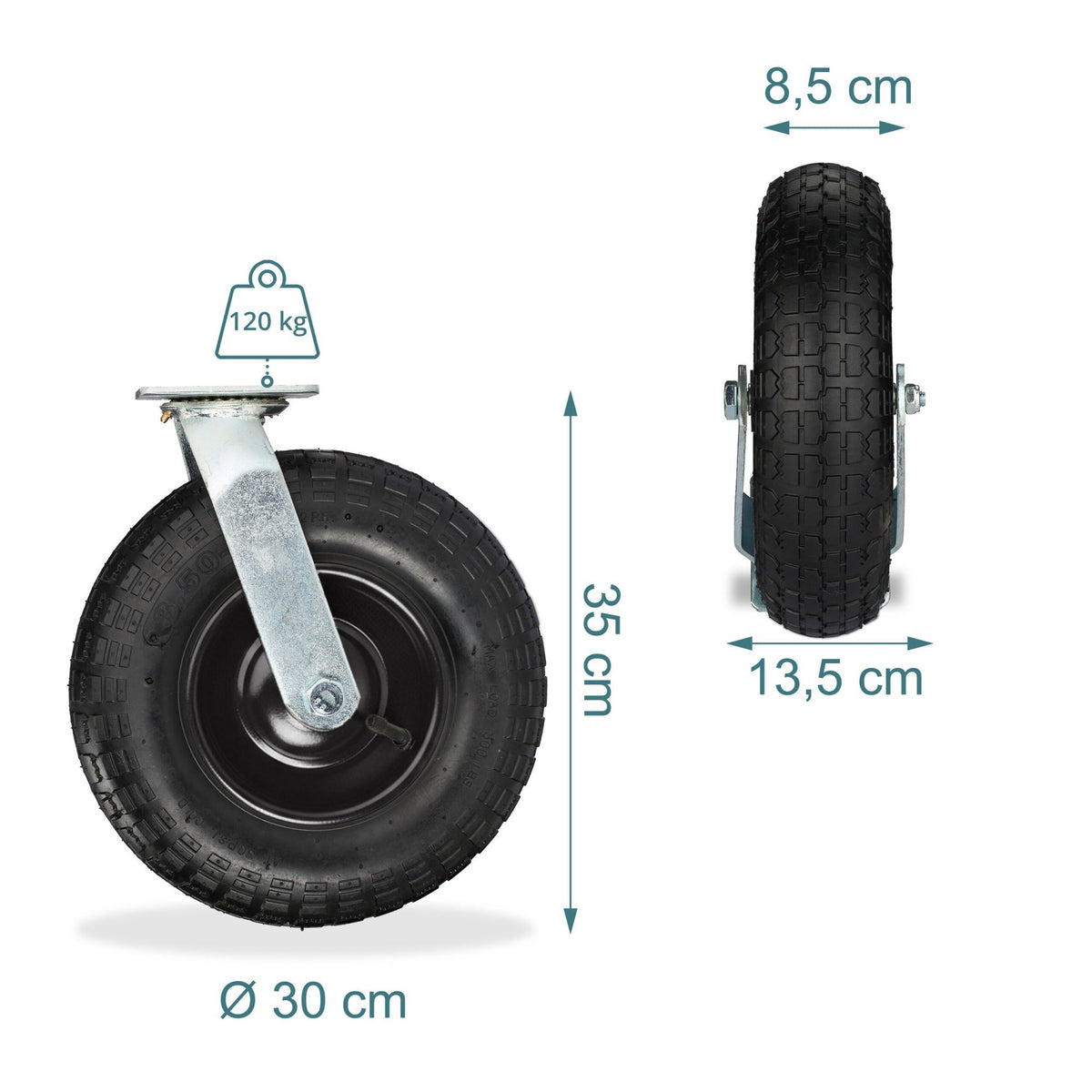 Pneumatic Tyre Swivel Castor, 3.50-6, Heavy-Duty Steel