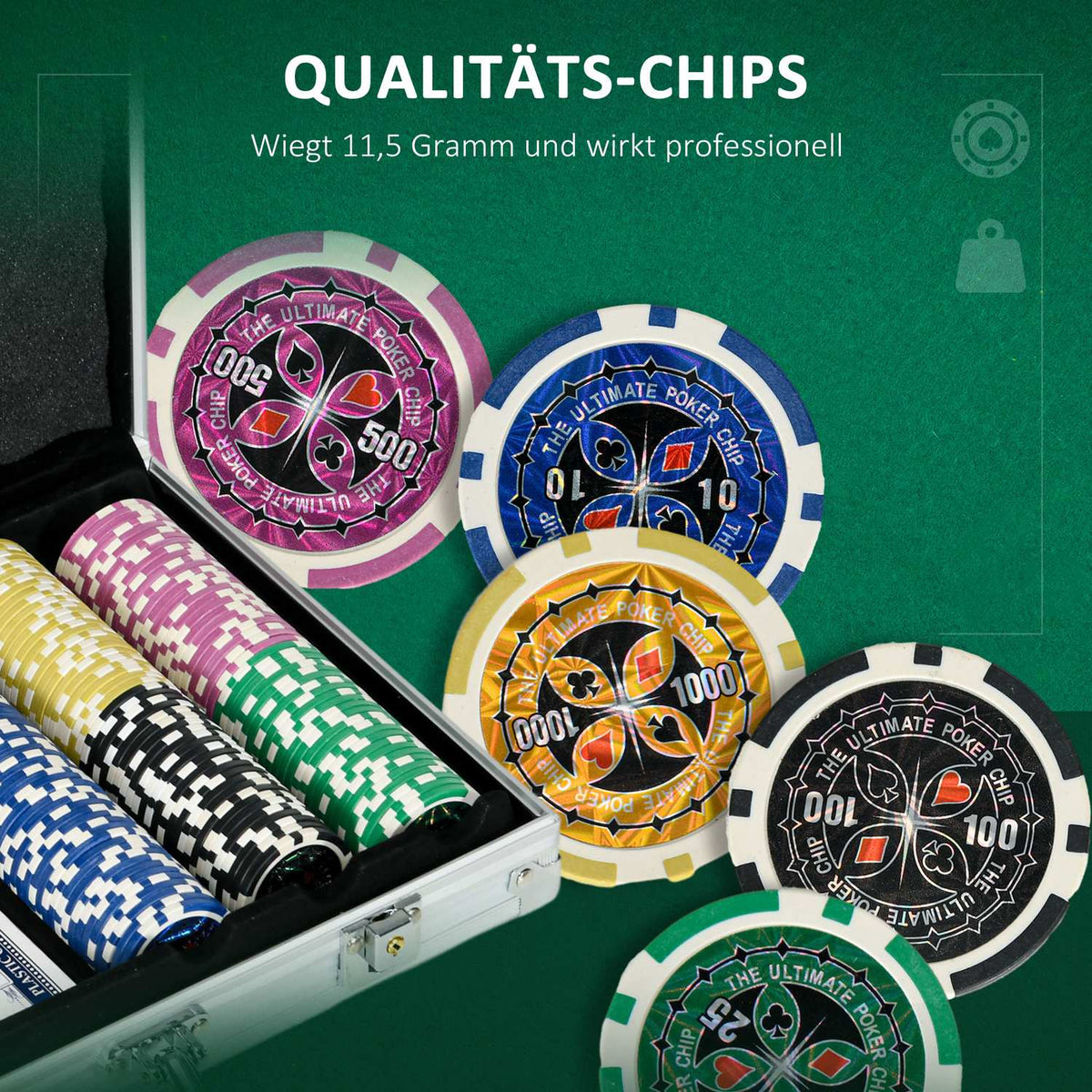 Poker Case Set 300 Chips 11.5G Complete Poker Set Lock 2 Decks 5 Dice Dealer Blind Buttons Silver