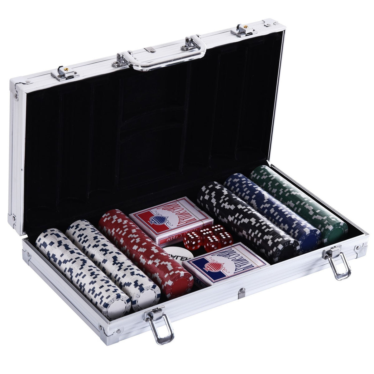 Poker Case Set 300 Chips 2 Card Games 5 Dice Aluminum Case Polystyrene Casino Nights 38X20.5X6.5Cm