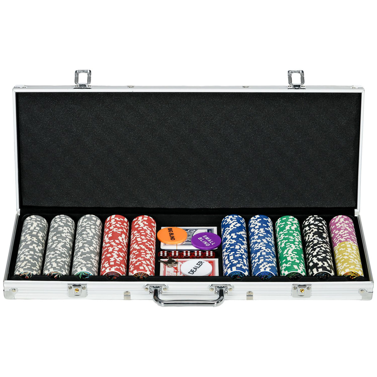 Poker Case Set 500 Chips 11.5G Professional Poker Set Lock 2 Card Decks 5 Dice Dealer Blind Buttons Silver