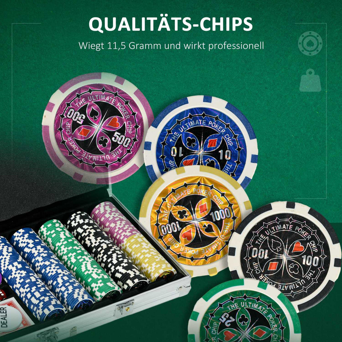 Poker Case Set 500 Chips 11.5G Professional Poker Set Lock 2 Card Decks 5 Dice Dealer Blind Buttons Silver