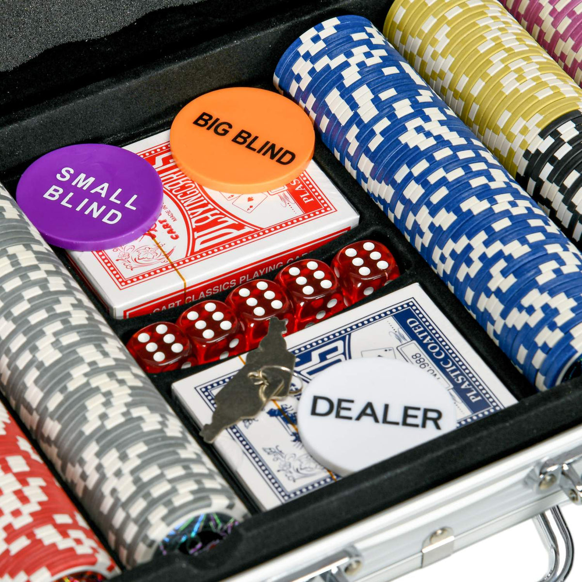 Poker Case Set 500 Chips 11.5G Professional Poker Set Lock 2 Card Decks 5 Dice Dealer Blind Buttons Silver
