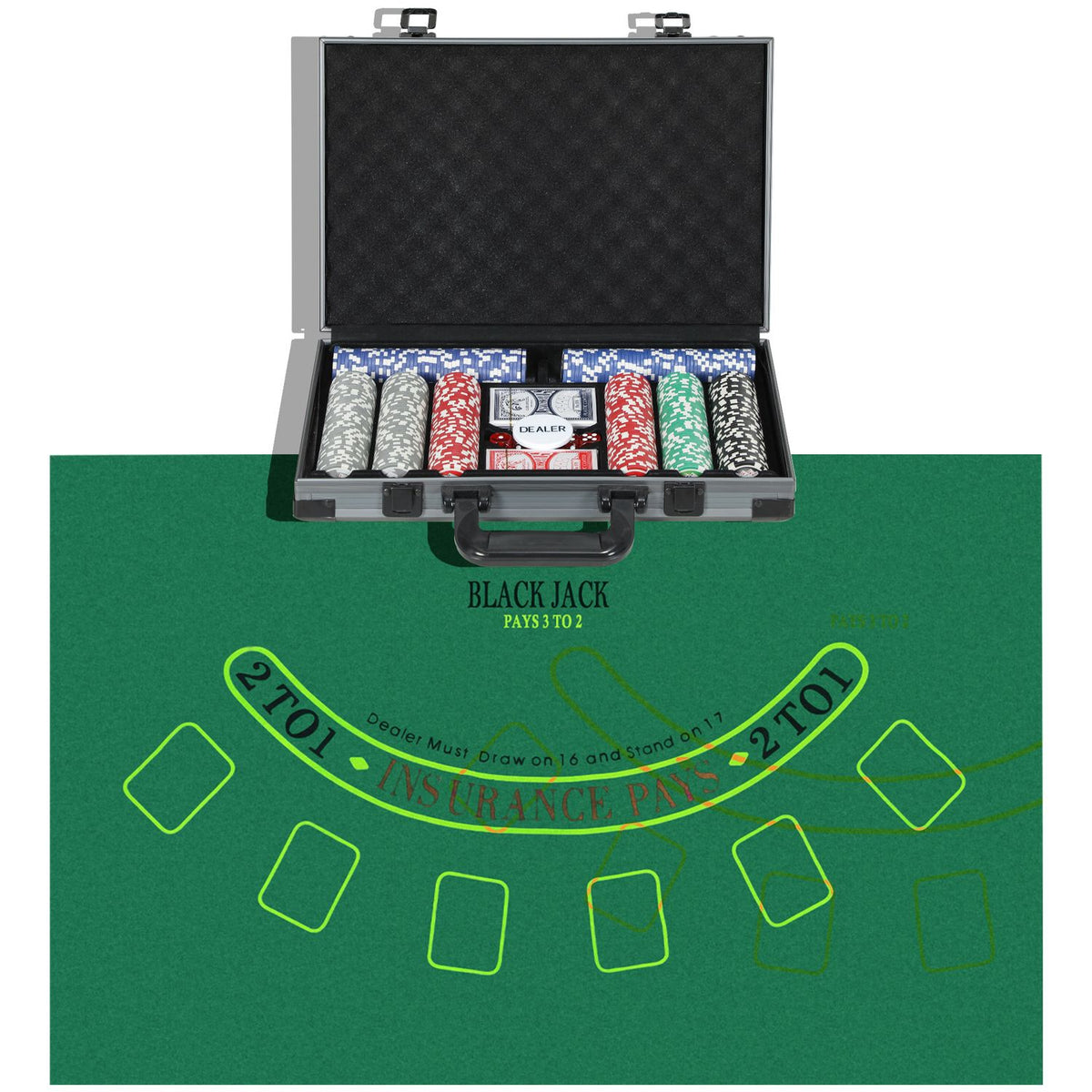 Poker case poker set, poker complete set with 400 chips, 11.5 grams, 2 decks of cards, 5 dice, dealer disc, play mat, aluminum case