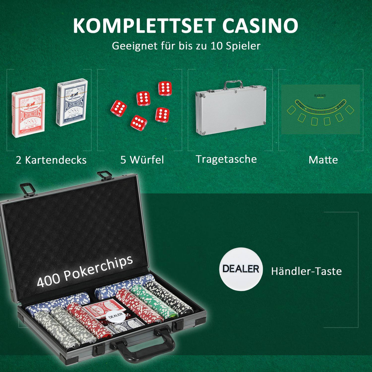 Poker case poker set, poker complete set with 400 chips, 11.5 grams, 2 decks of cards, 5 dice, dealer disc, play mat, aluminum case