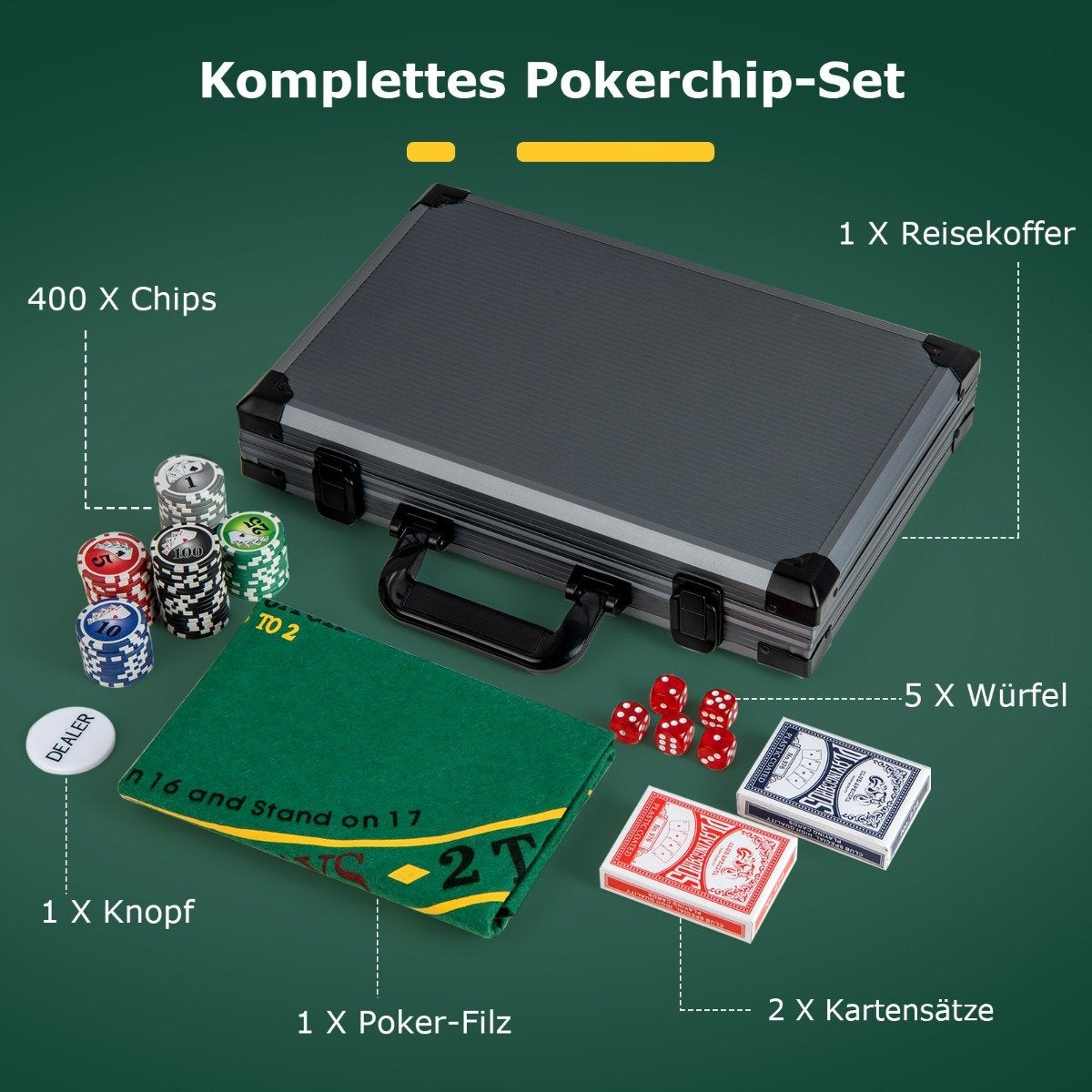 Poker set with 400 laser chips & 2 playing cards & 5 dice & dealer button aluminum poker case