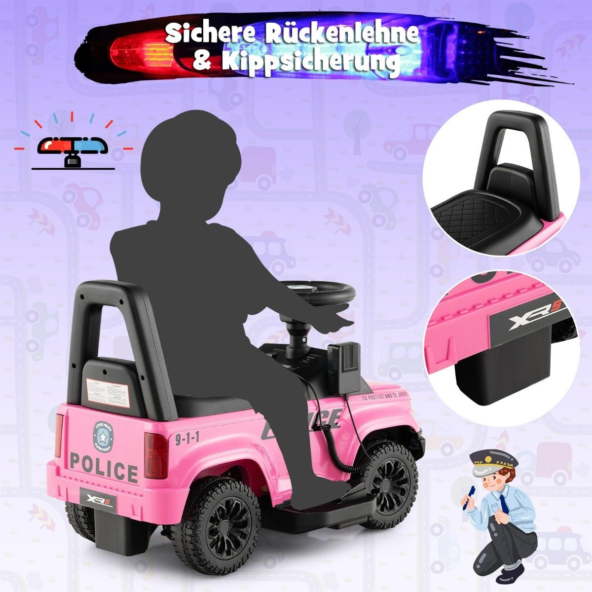 Police electric car for children 6V electric children's car with storage space pink