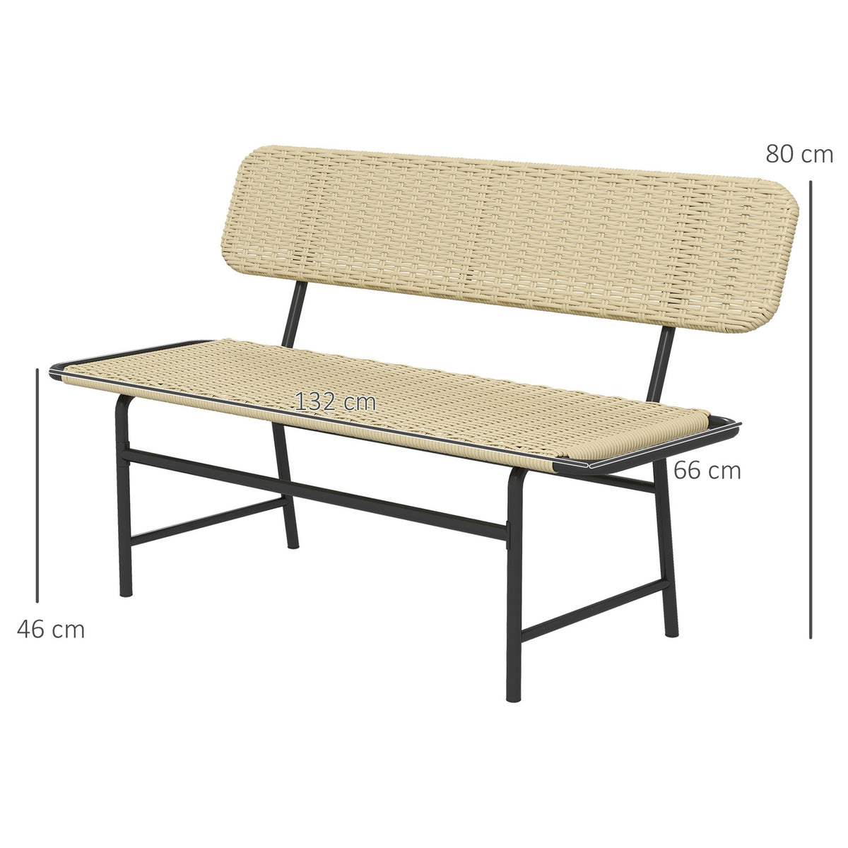 Poly Rattan Bench, 2-Seater Garden Bench, Rattan Bench Without Armrests, Balcony Bench, Garden Furniture, Can Hold Up To 250 Kg, Metal, Khaki