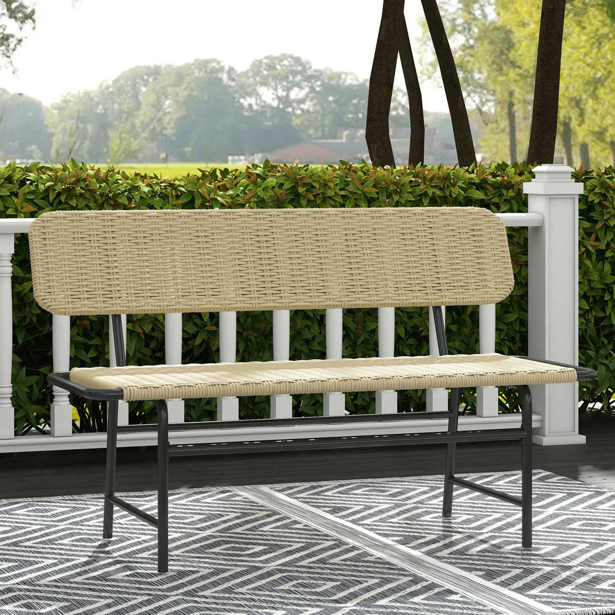 Poly Rattan Bench, 2-Seater Garden Bench, Rattan Bench Without Armrests, Balcony Bench, Garden Furniture, Can Hold Up To 250 Kg, Metal, Khaki