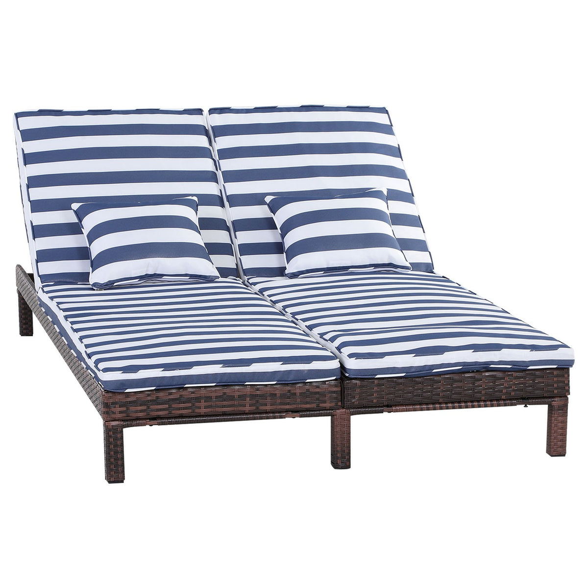 Poly Rattan Double Lounger Sun Lounger For 2, Lounge With 5-Tier Backrest, Metal Pe Rattan, Blue + White, 196X120X28 Cm
