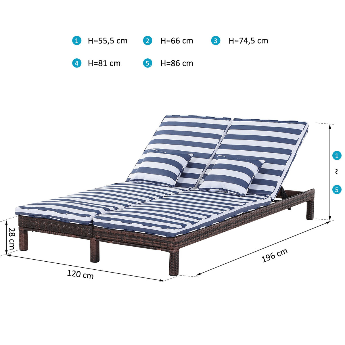 Poly Rattan Double Lounger Sun Lounger For 2, Lounge With 5-Tier Backrest, Metal Pe Rattan, Blue + White, 196X120X28 Cm