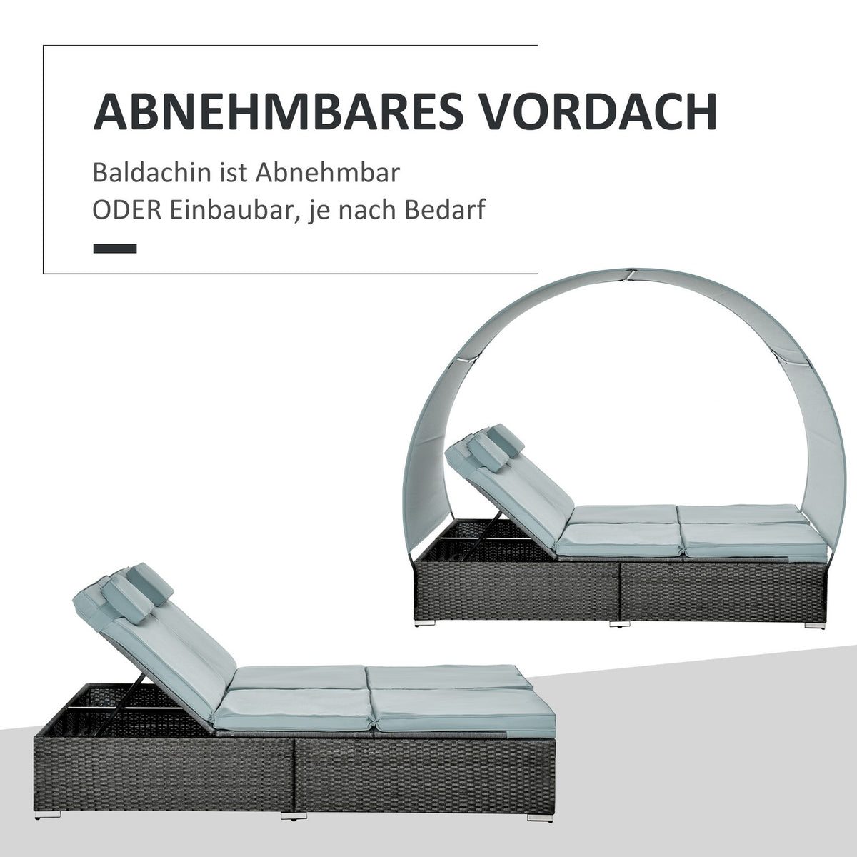 Poly Rattan Double Lounger Sun Lounger For 2 People With Sun Canopy Garden Lounger Steel Polyester Gray 196 X 137 X 36.5 Cm