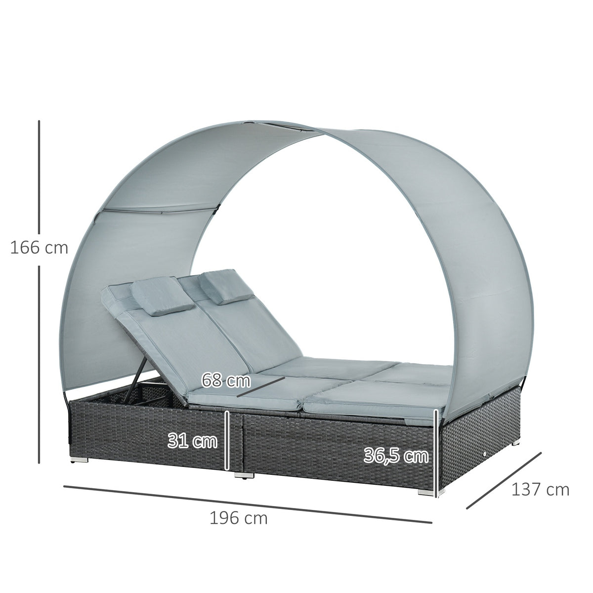 Poly Rattan Double Lounger Sun Lounger For 2 People With Sun Canopy Garden Lounger Steel Polyester Gray 196 X 137 X 36.5 Cm