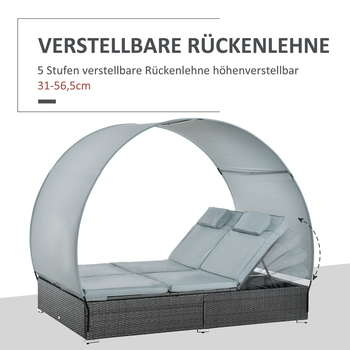 Poly Rattan Double Lounger Sun Lounger For 2 People With Sun Canopy Garden Lounger Steel Polyester Gray 196 X 137 X 36.5 Cm