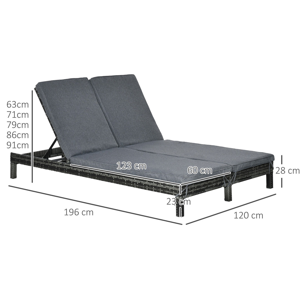 Poly Rattan Double Lounger Sun Lounger Garden Lounger For 2 People Relaxation Lounger Luxury Lounge 5-Tier Backrest Metal Pe Rattan 196X120X28Cm