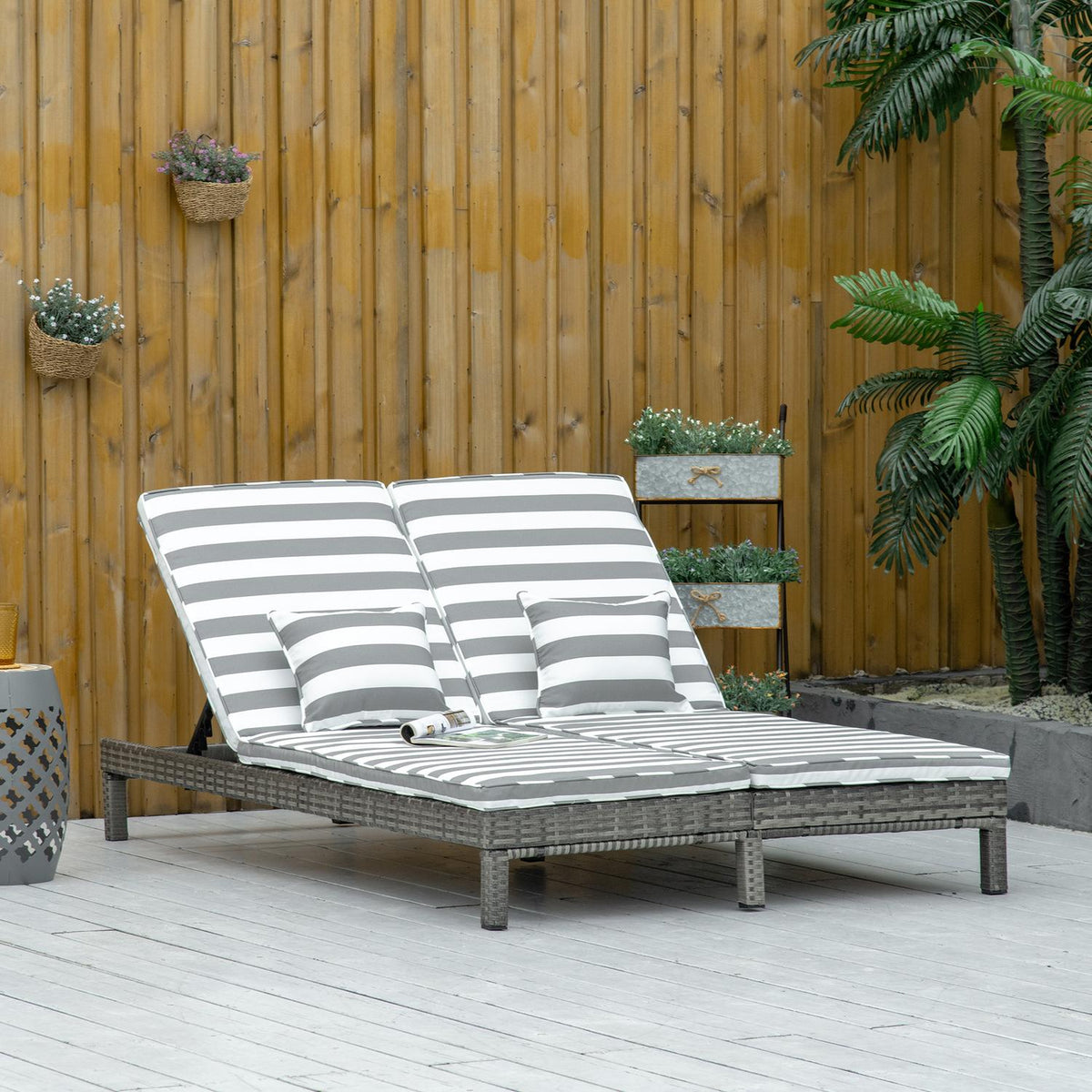 Poly Rattan Double Lounger Sun Lounger Garden Lounger For 2 People Relaxation Lounger Luxury Lounge 5-Tier Backrest Metal Pe Rattan Gray + White
