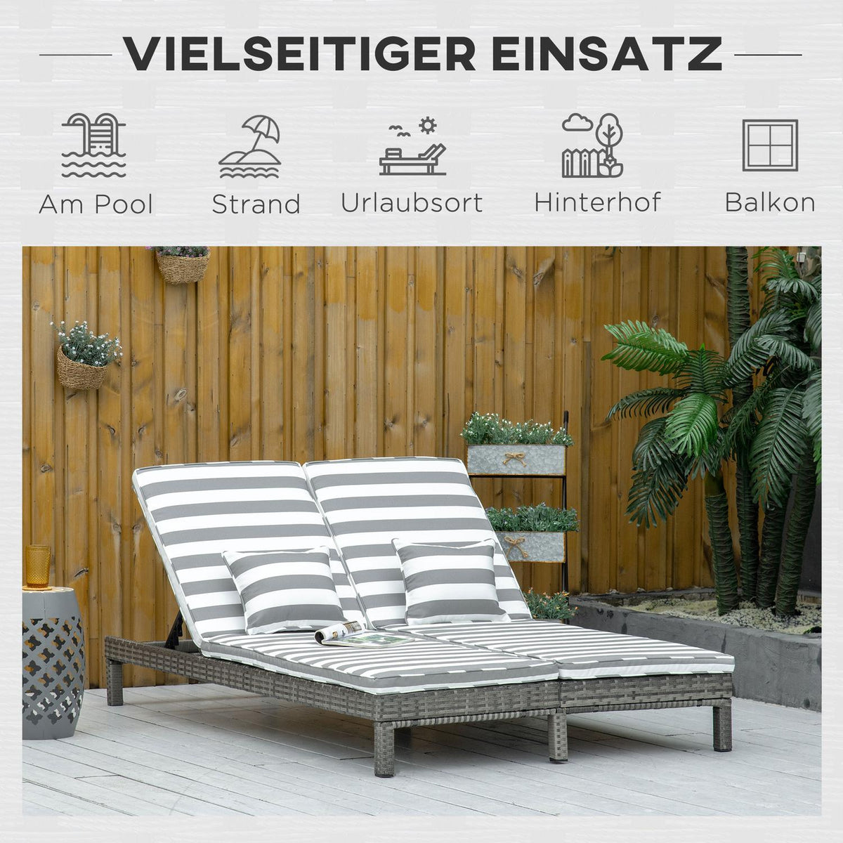 Poly Rattan Double Lounger Sun Lounger Garden Lounger For 2 People Relaxation Lounger Luxury Lounge 5-Tier Backrest Metal Pe Rattan Gray + White