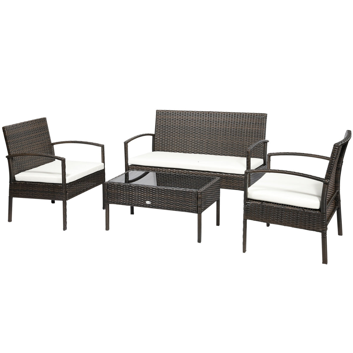 Poly Rattan Garden Furniture Set For 4 People, Rat Sofa Set, Brown + Cream White