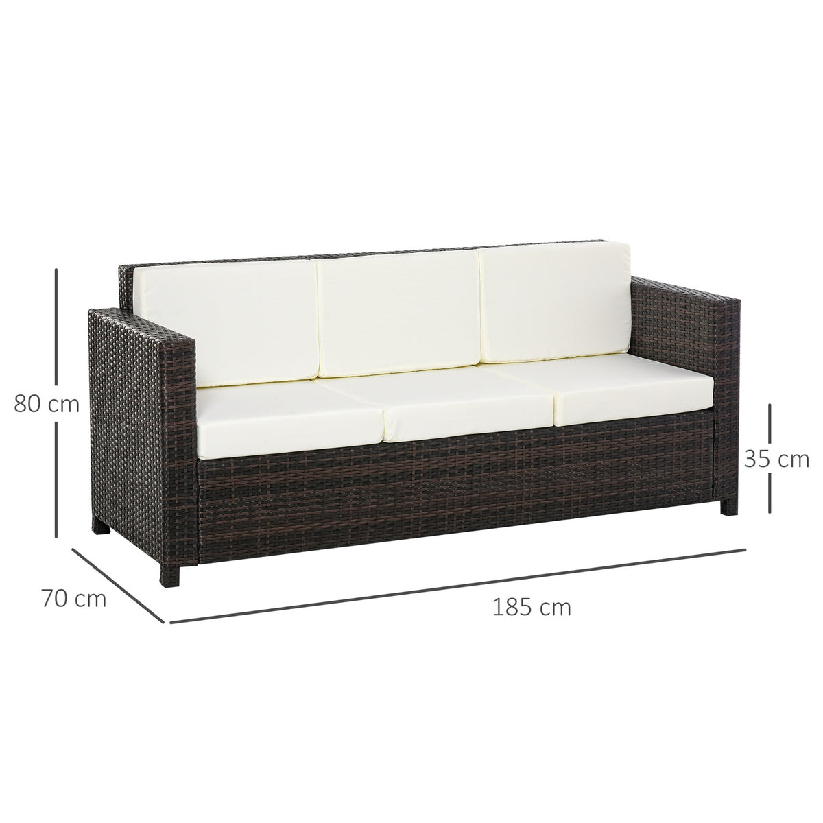 Poly Rattan Garden Lounge Sofa 3-Seater With Cushions, Metal Polyester, Brown+White, 185 X 70 X 80 Cm