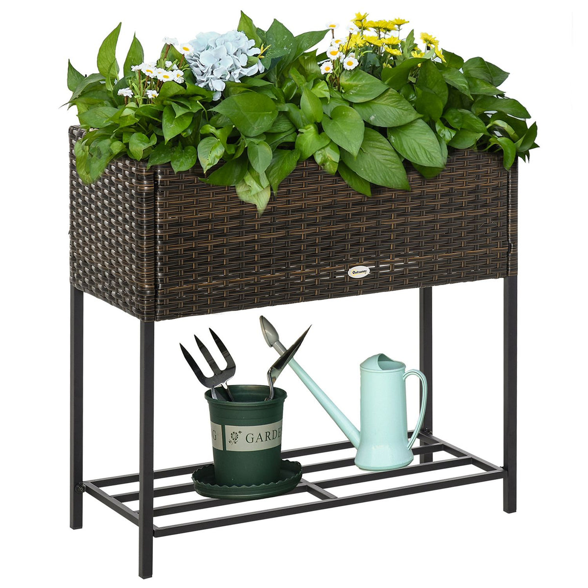 Poly Rattan Raised Bed Flower Box With Feet Flower Pot With Shelf Brown 70 X 30 X 72 Cm