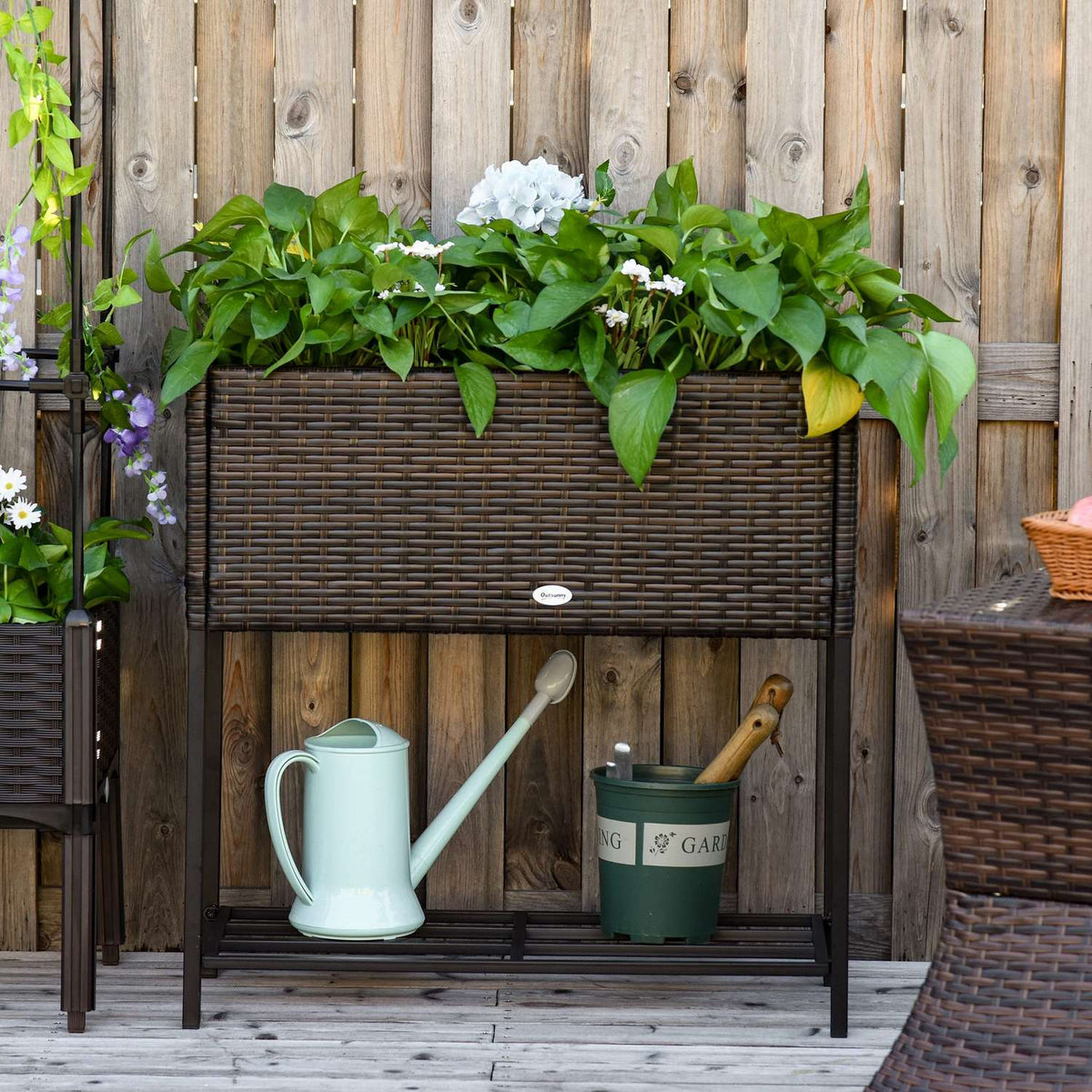 Poly Rattan Raised Bed Flower Box With Feet Flower Pot With Shelf Brown 70 X 30 X 72 Cm