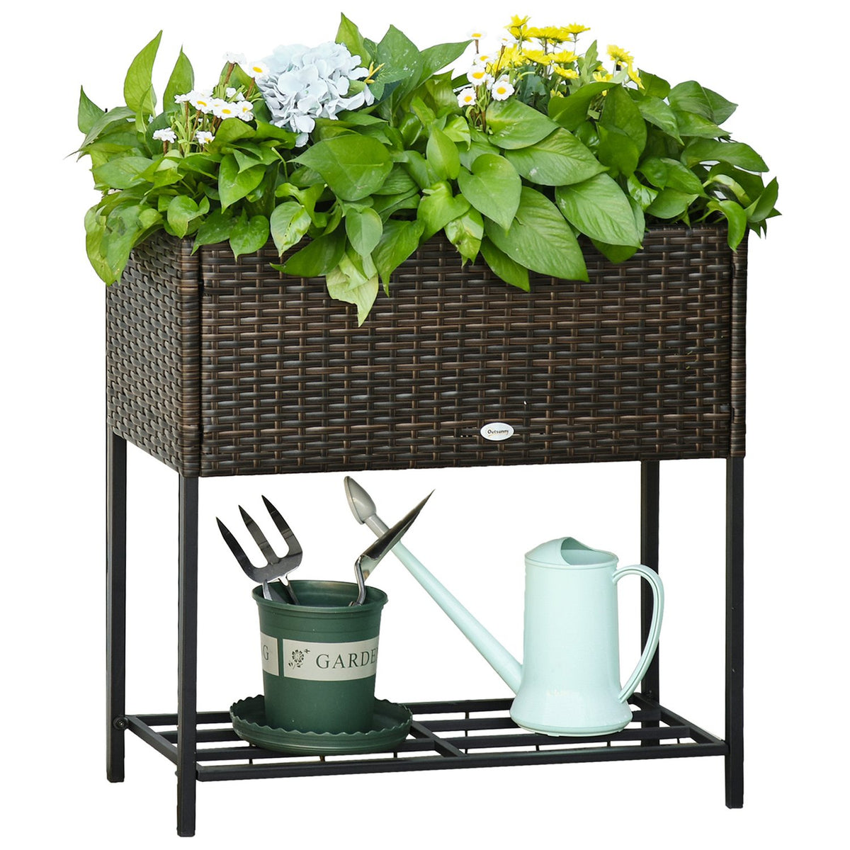 Poly Rattan Raised Bed Flower Box With Feet Flower Pot With Shelf Brown 70 X 30 X 72 Cm