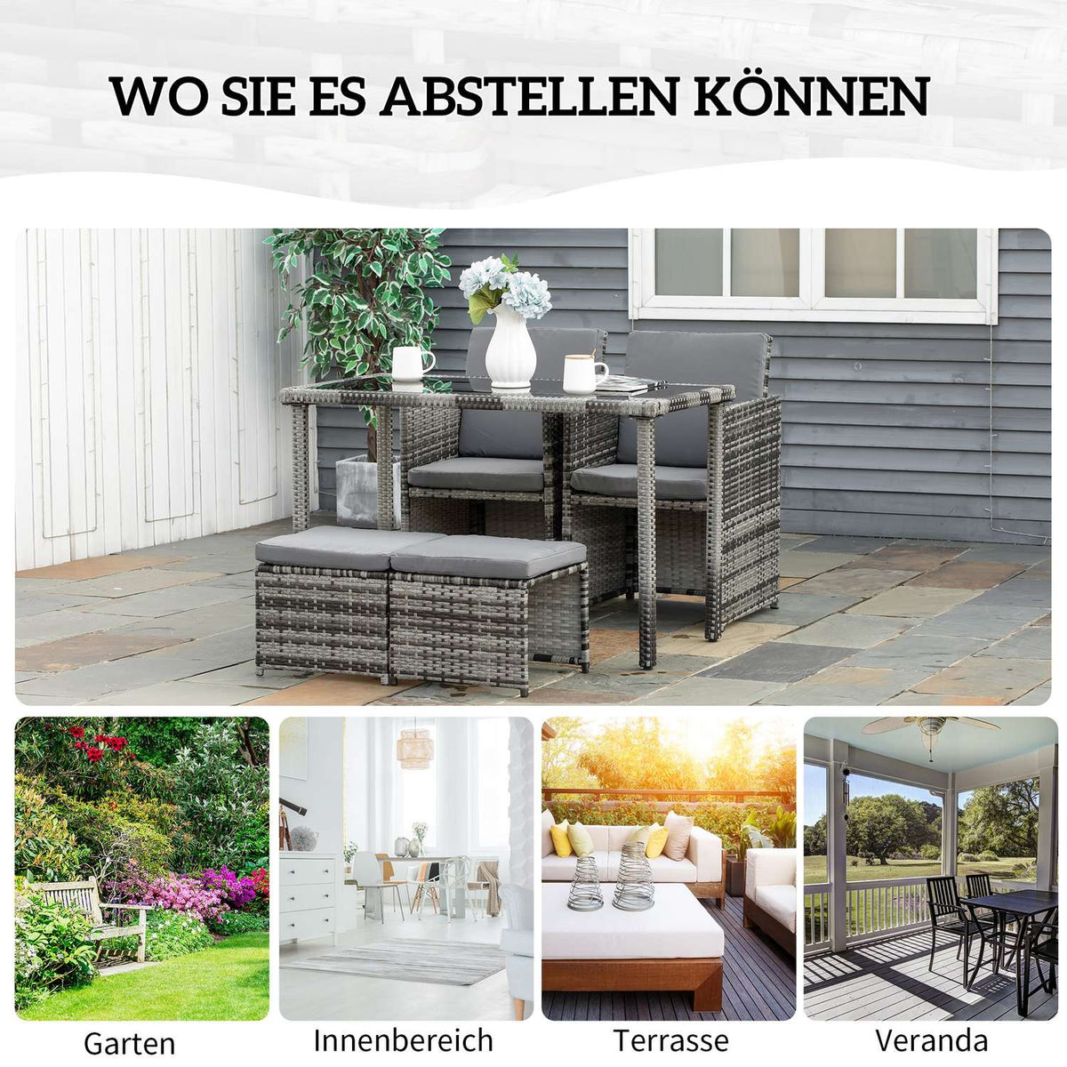Poly Rattan Seating Group For 4 People, Dining Group, Garden Set With Cushions, Grey