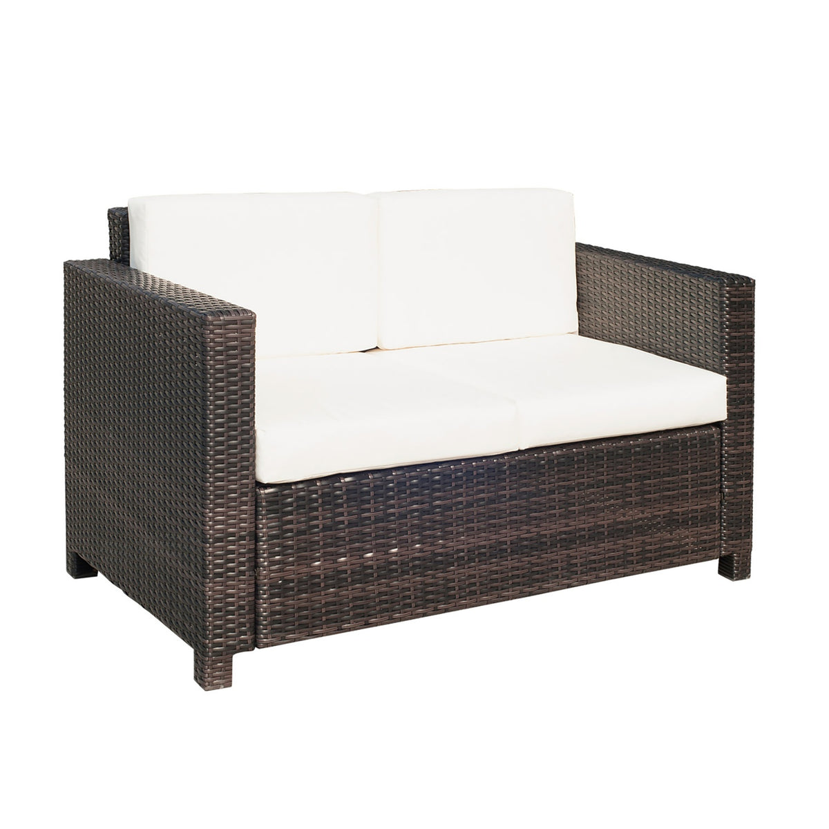 Poly Rattan Sofa With Cushions 2-Seater Garden Lounge Sofa Metal Polyester Brown + White 130 X 70 X 80 Cm