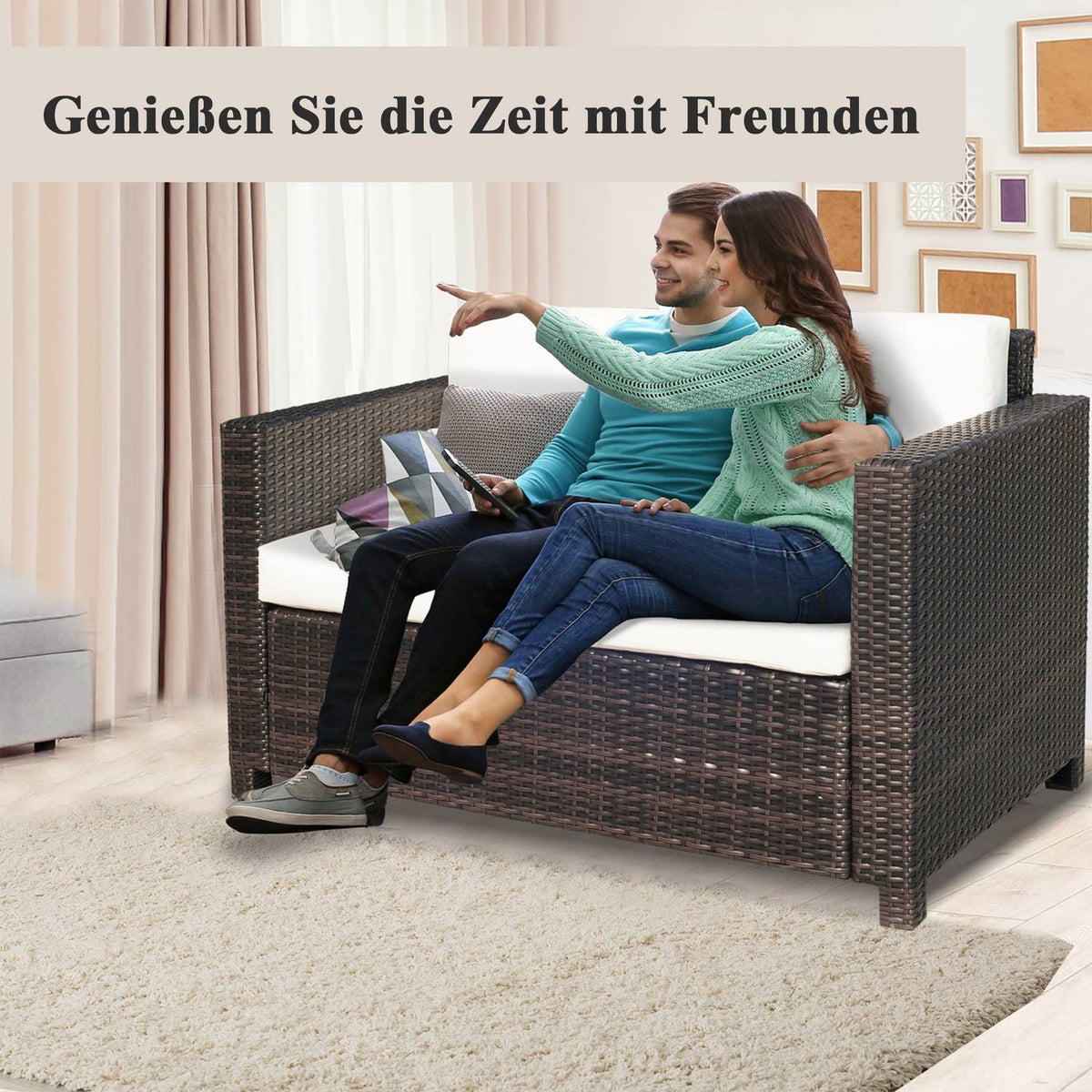 Poly Rattan Sofa With Cushions 2-Seater Garden Lounge Sofa Metal Polyester Brown + White 130 X 70 X 80 Cm