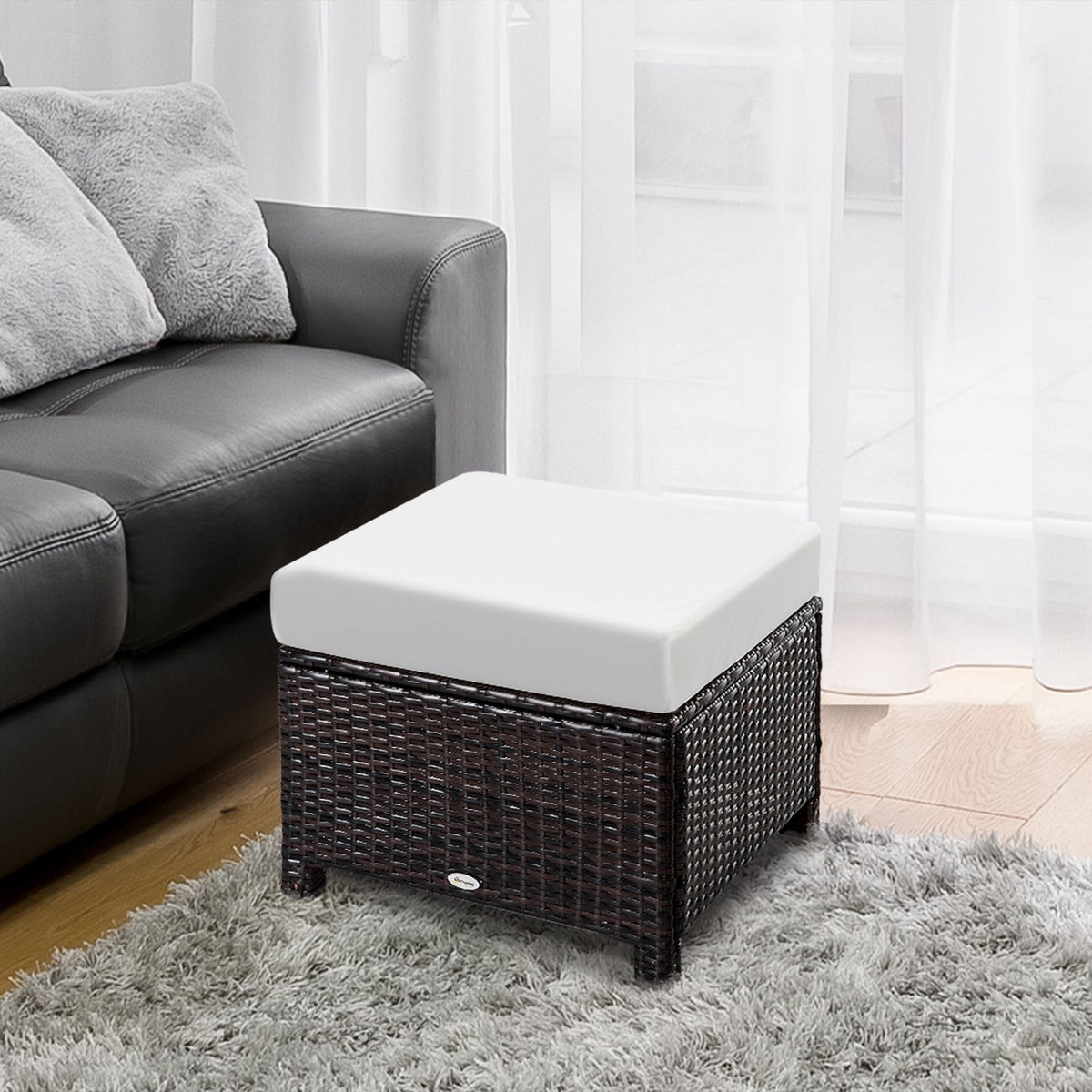 Poly Rattan Stool Stool With Cushion For Balcony, Brown+Cream White, 50X50X35Cm