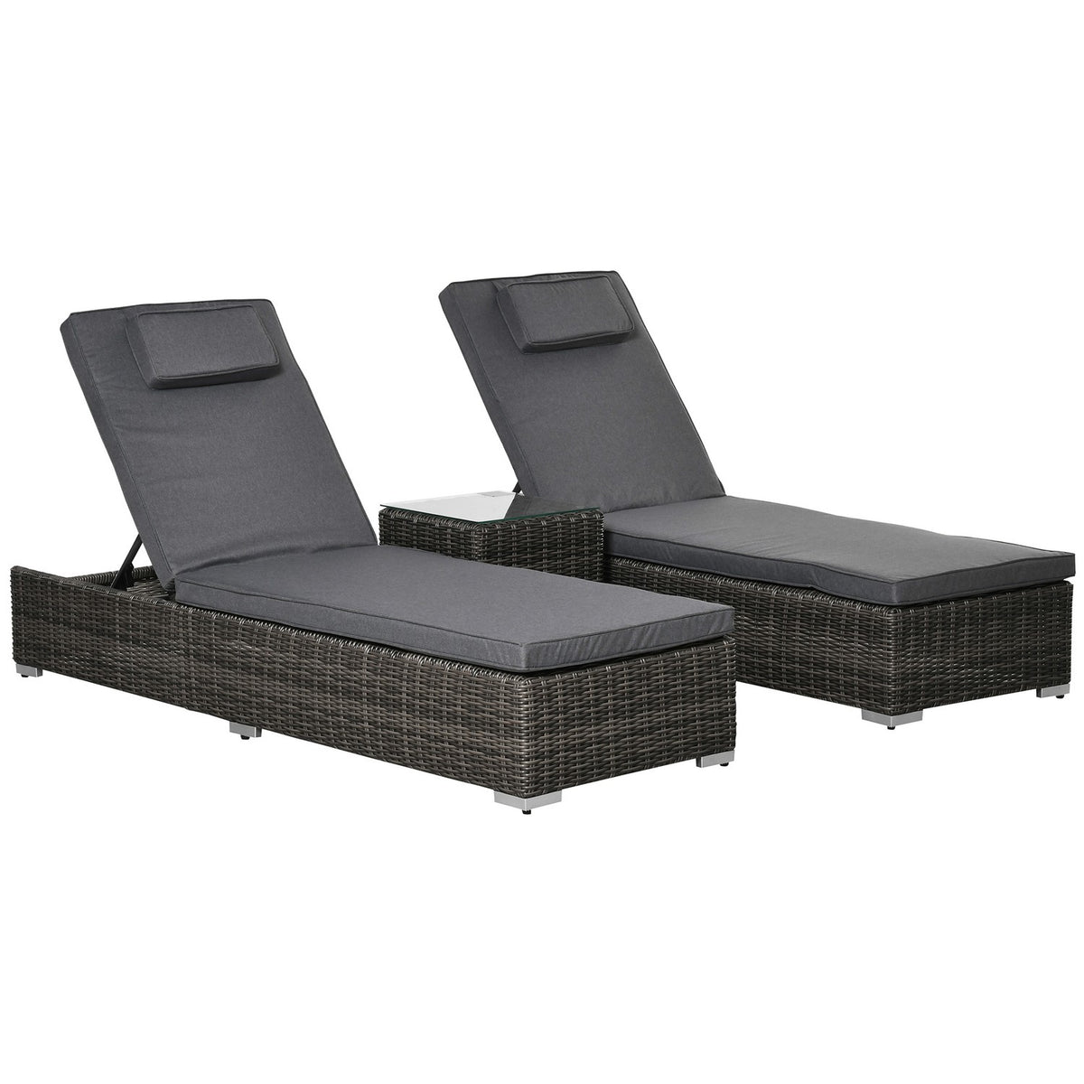 Poly Rattan Sun Lounger 3-Piece. Garden Lounger With 6-Way Adjustable Backrest, Side Table, Neck Cushion, Aluminum, Gray, 60 X 195 X 86 Cm