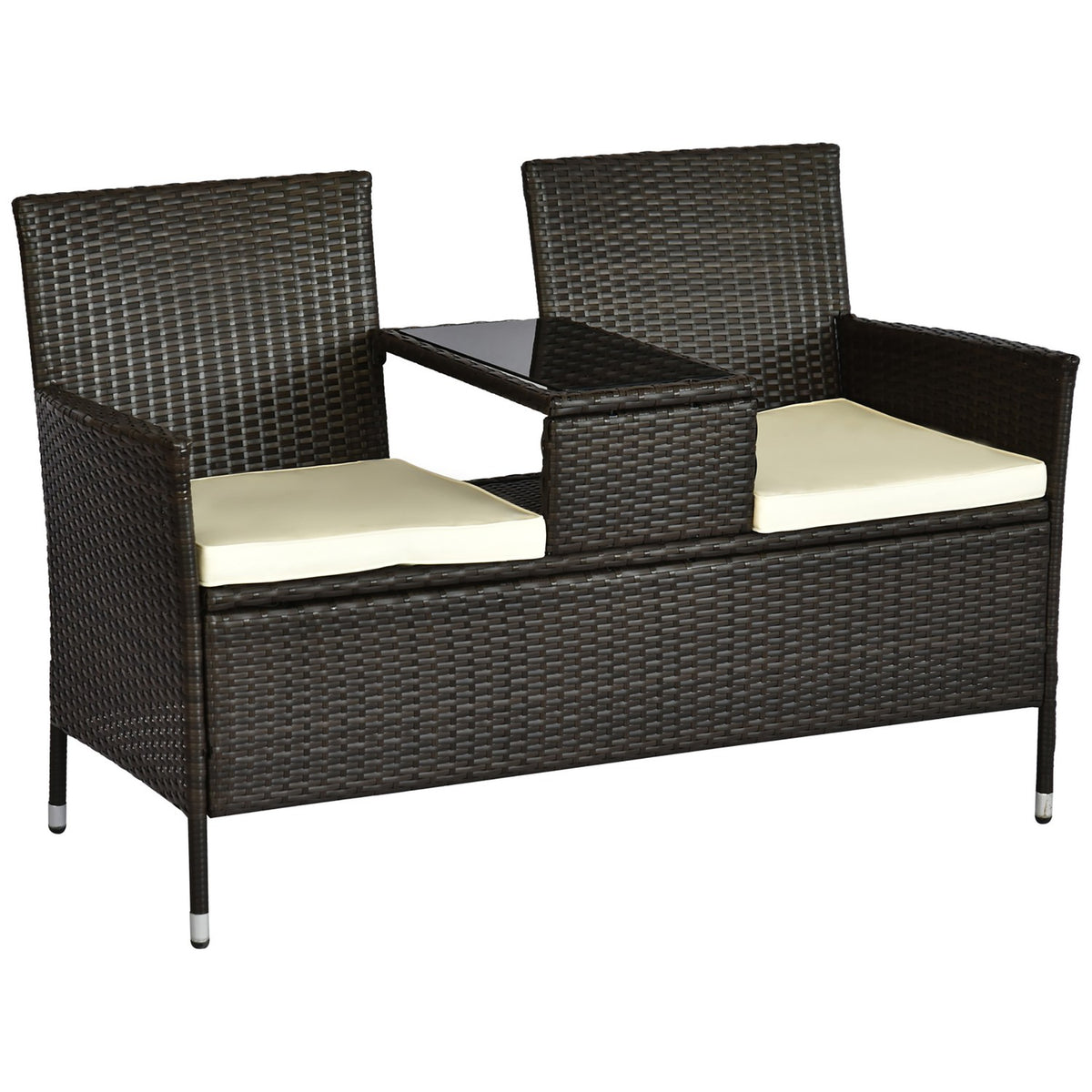 Polyrattan Bench 2-Seater Table Garden Bench Steel Frame Brown W133Xd63Xh84Cm